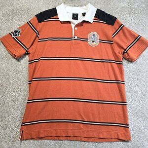 Kani Gold Polo Shirt Fitted Orange Striped Crest Patch Pullover Men's Size XL